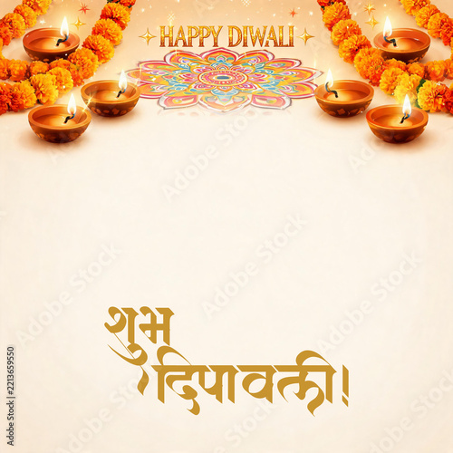Diwali Flower Rangoli with Sweets and Diya on Clean Background