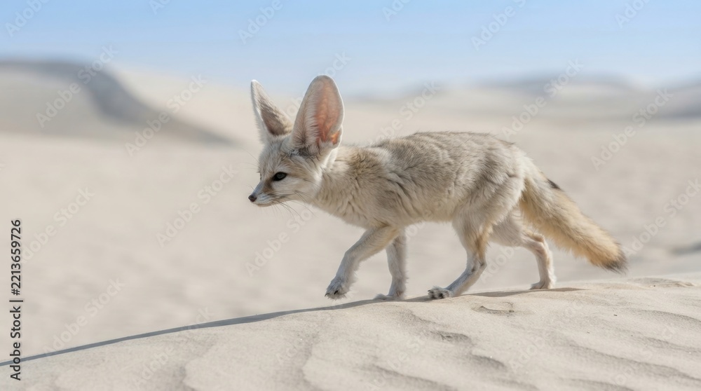 Fototapeta premium A fennec fox walking across the vast and arid sand dunes of the Sahara desert in North Africa