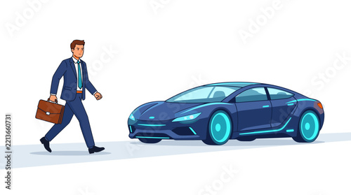 Businessman walking towards futuristic electric sports car on white background
