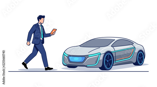 Businessman walking towards futuristic electric car with smartphone