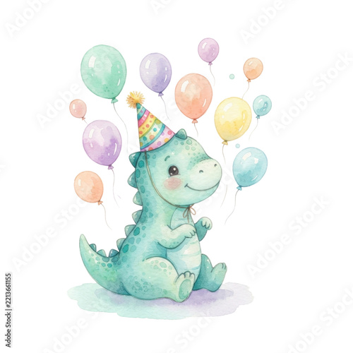 Cute watercolor illustration of a baby dinosaur wearing a colorful party hat with balloons