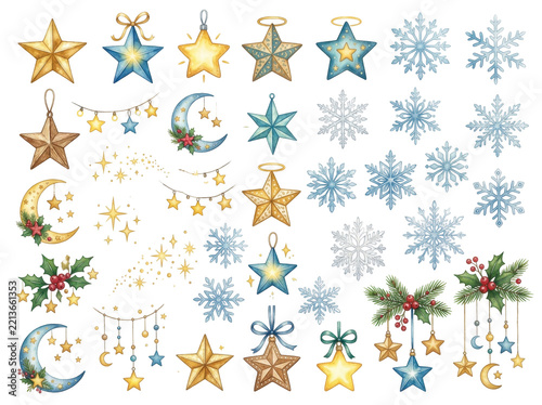 Watercolor Christmas stars and snowflakes collection for festive holiday season design projects