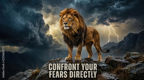 Majestic Lion Standing on Rocky Cliff Under Dramatic Stormy Sky with Lightning