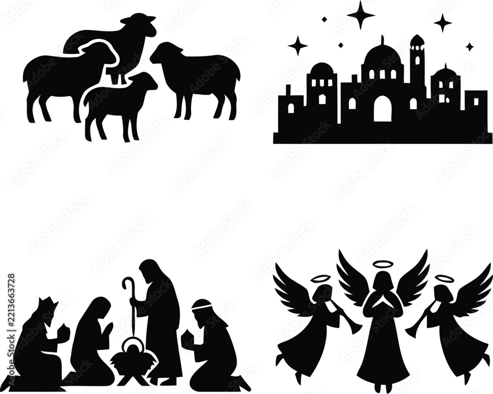 Fototapeta premium Christian nativity scene silhouettes with sheep town stars and angels vector graphics
