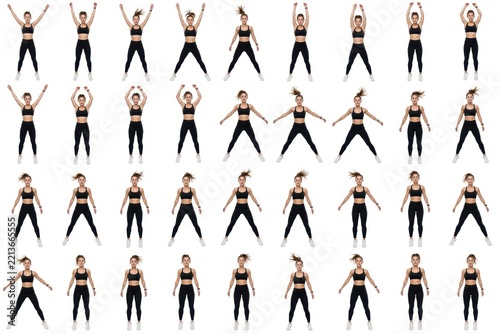Full Body Fitness Exercise Sequence with Multiple Workout Positions Isolated on White Background for Training Guide