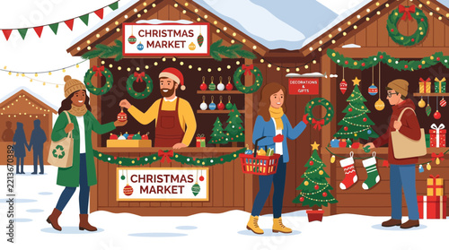 People Enjoying Festive Christmas Market Scene with Decorations and Stalls