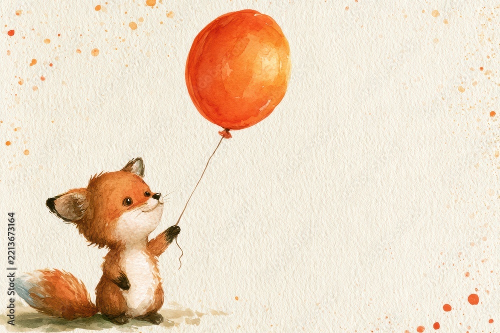 Fototapeta premium Adorable fox character holding a festive orange balloon, celebrating joy and innocence