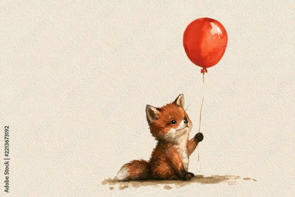 Fototapeta premium Baby fox holding a red balloon, representing childhood innocence and playfulness