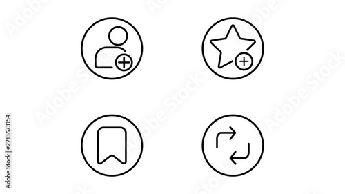 Seamless looping user interaction icon set displaying social profile bookmark favorite repost graphics on transparent background for presentations.