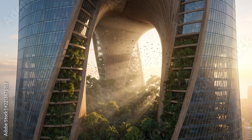 Modern skyscraper with lush vertical gardens and open sky court