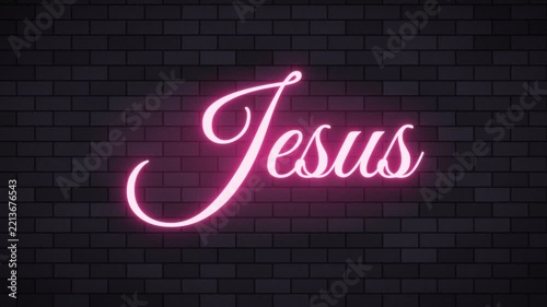 Jesus neon sign glowing pink on a dark brick wall background, representing faith and spirituality