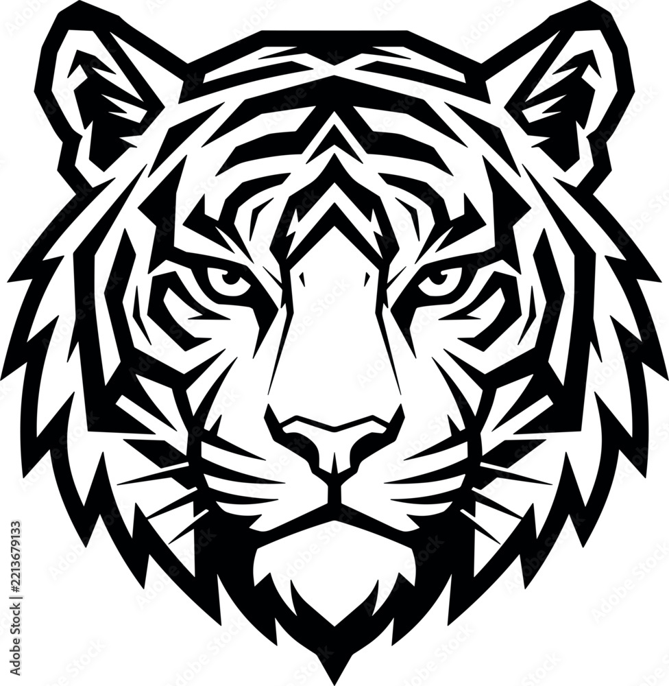Fototapeta premium Black and White Tiger Head Mascot Vector Illustration with Bold Tribal Line Art Style for Esports Logos, T-Shirts, and Tattoo Designs