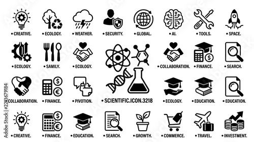 Science and Technology Icons Set: Innovation, Ecology, Finance, Education, Security, Space