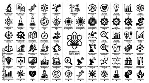 Science and Technology Icons Set: Innovation, Research, Development, Chemistry, Medicine