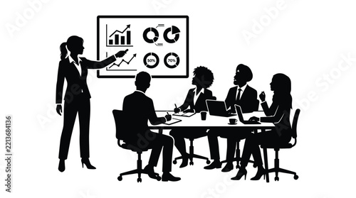 Business meeting with presentation and data charts in black silhouette conference teamwork