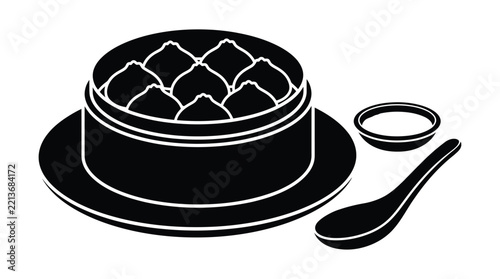 Steaming dim sum in bamboo steamer with side dishes black silhouette dumplings