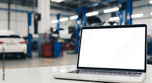 Laptop with Blank Screen on a Desk in a Modern Auto Repair Service Bay