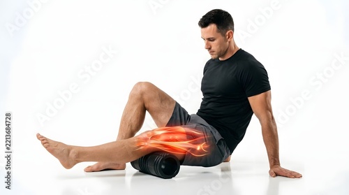 Athletic man using a foam roller for myofascial release and muscle recovery, focusing on leg hamstring with digital graphic illustrating muscle anatomy and pain relief on a white background
