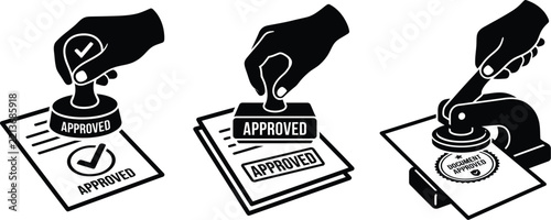 Stamp icon set with hand approving documents and papers with approved text black and white vector illustration