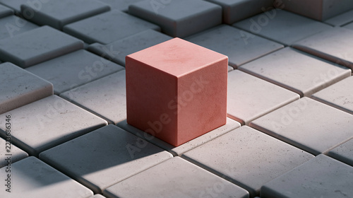 Unique Red Cube Standing Out Among Gray Blocks
