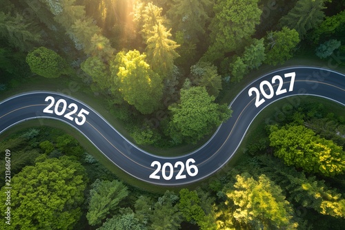 Winding forest road with years 2025, 2026, 2027 indicating the path of future progress and journey