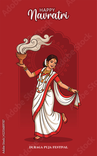 Indian woman performing dhunuchi dance for Navratri Durga Puja festival poster.