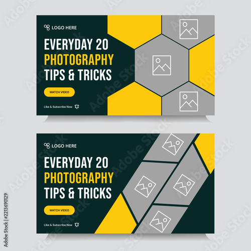 Multipurpose photography tips and tricks video thumbnail banner design, daily photography techniques video set cover banner design, fully customizable vector eps 10 file format