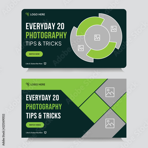 Multipurpose photography tips and tricks video thumbnail banner design, daily photography techniques video set cover banner design, fully customizable vector eps 10 file format