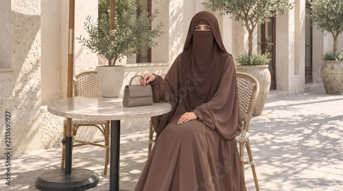 Muslim woman in brown niqab and abaya sitting at a cafe table with a