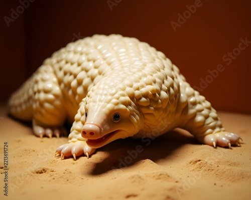 Full body photo of a cute pangolin walking on sand, fine art wildlife concept.