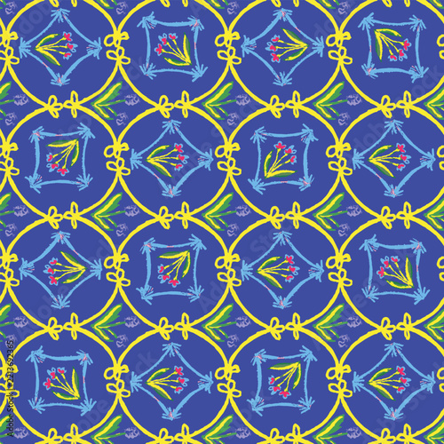 Blue and Yellow Hand-Drawn Geometric Floral Seamless Repeat Pattern. Folklore botanical all over surface print on blue background. 