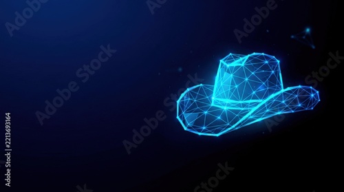 Futuristic glowing blue wireframe cowboy hat in digital plexus hologram style, representing cyberpunk innovation and futuristic tech on dark gradient background