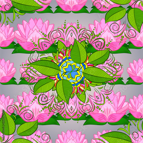 Pink lotus flowers and green botanical ornaments vector forming a decorative seamless background. Bright floral pattern for textile, wallpaper, wrapping, fabric and fashion.