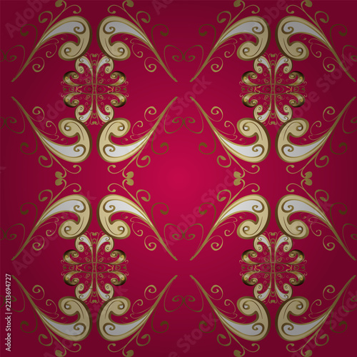 Luxury golden damask floral ornament vector on deep red background. Elegant seamless vintage pattern with royal decorative motifs for wallpaper, textile, fabric and wrapping.