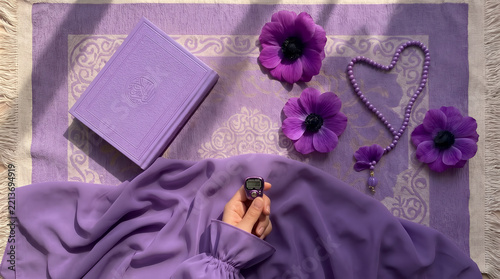 Ramadan prayer essentials with purple prayer mat Quran and prayer