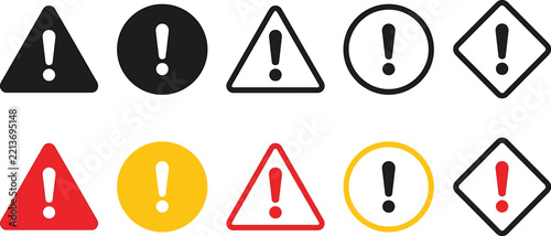 Exclamation mark icons, set of warning and danger alert symbols for safety and caution signs