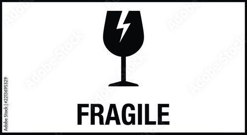 Fragile icon, black broken glass symbol for shipping and packaging labels