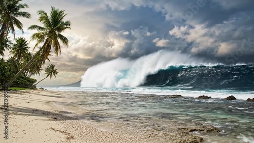 Huge breaking wave crashing on a tropical sandy beach with palm trees under a dramatic stormy sky showing the powerful force of the ocean during a severe weather event