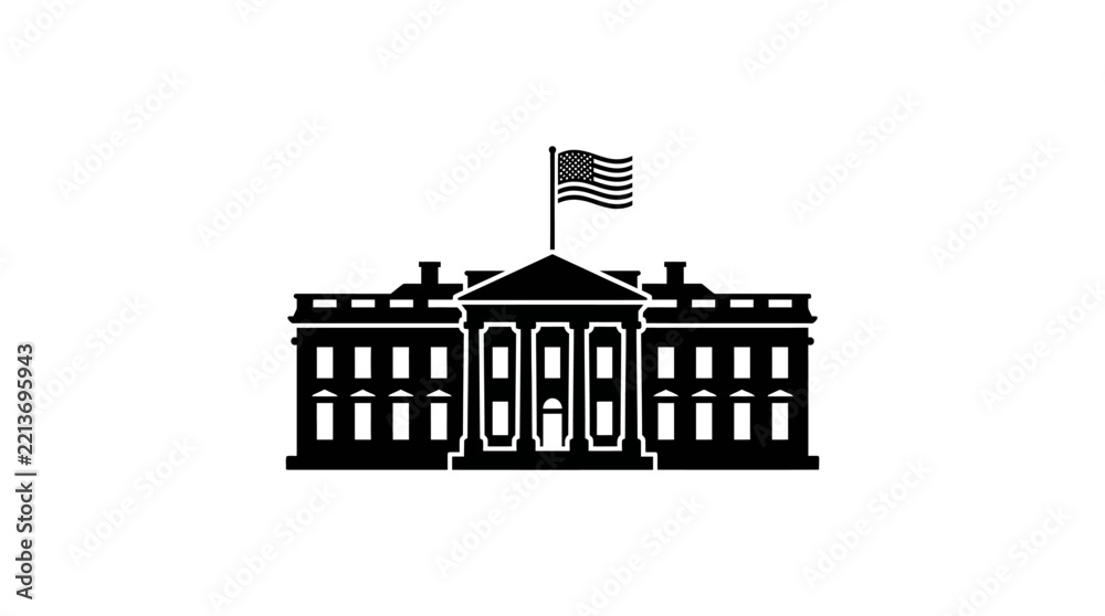 Fototapeta premium Minimalist black silhouette icon of the White House building with an American flag.