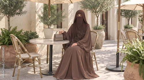 Muslim woman in brown niqab and abaya sitting at a cafe table with a