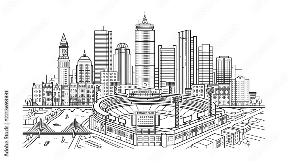 Obraz premium Panoramic Boston city skyline with iconic baseball stadium drawing.