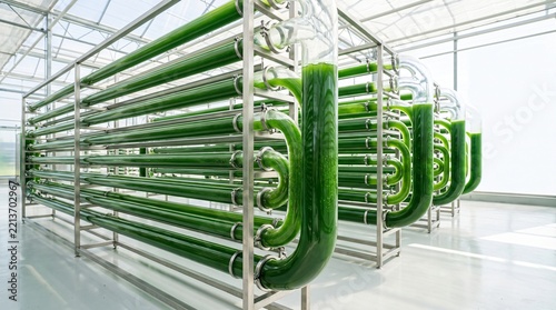 Industrial Closed Loop Tubular Photobioreactor Borosilicate Glass Tube Array with Green Microalgae Spirulina Culture for Biofuel and Biofood