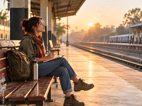 Young woman traveler sitting on a train station bench writing in a