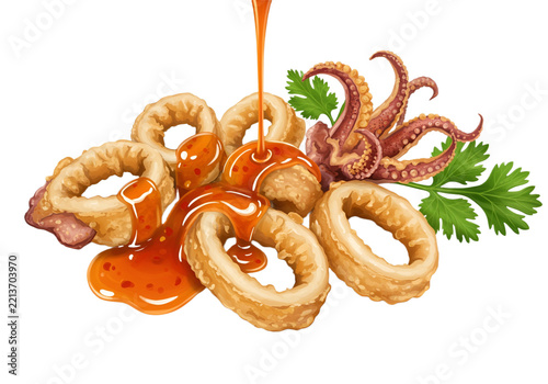 squid ring fried calamari seafood sauce digital hand drawing illustration art