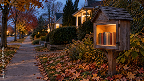 Neighborhood Book Exchange Box Lit Warmly at Dusk