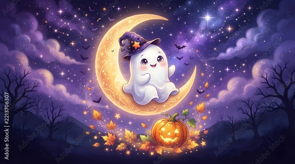 Obraz premium A cute little ghost wearing a witch hat sitting on a glowing crescent moon in a magical starry night sky for halloween