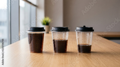 Three plastic iced coffee cups lined up on a wooden counter with decreasing liquid levels, visually representing declining sales, diminishing resources, or business loss.