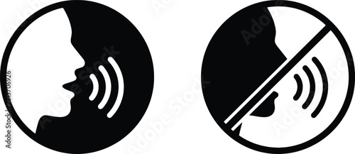 Speaking and silent icons set showing human profile with sound waves and prohibition sign symbol