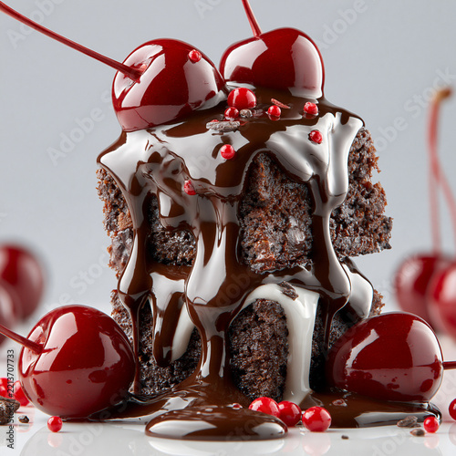 Gourmet chocolate cake slice with dripping ganache and fresh cherries sweet food delicious