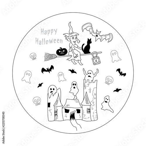 Halloween Mandala. Haunted House, Spooky Ghosts and Flying Witch. English Language. Vector illustration.